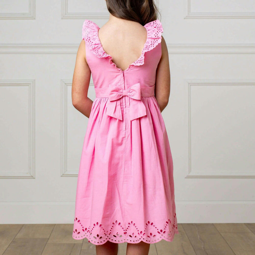 Organic Ruffle Collar Party Dress with Eyelet Embroidery, Pink
