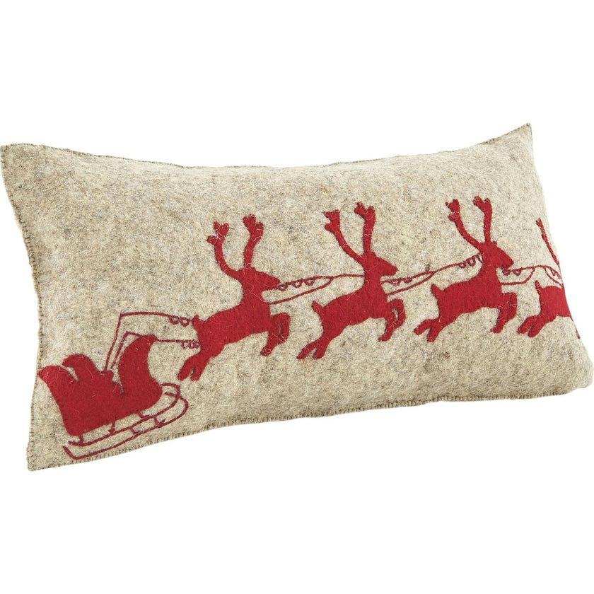 Handmade Christmas Pillow Hand Felted Wool - Red Reindeer Gray - 12"x24"