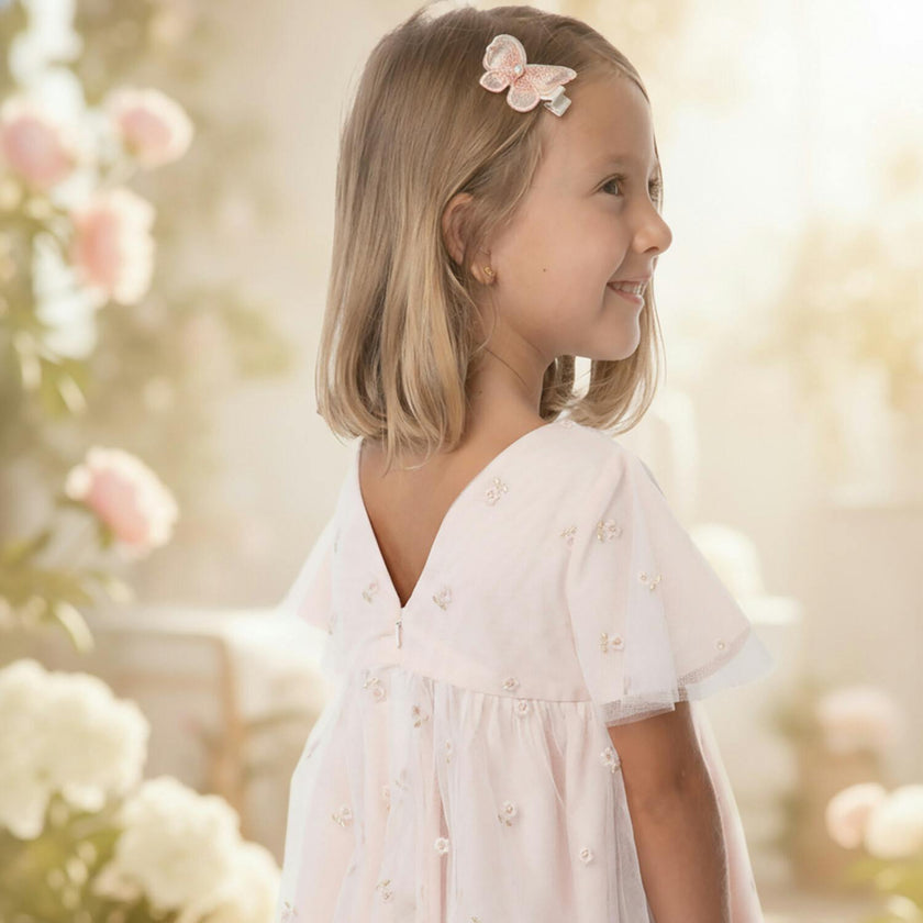 Flora Girl Dress , Pink Flower Embroidery