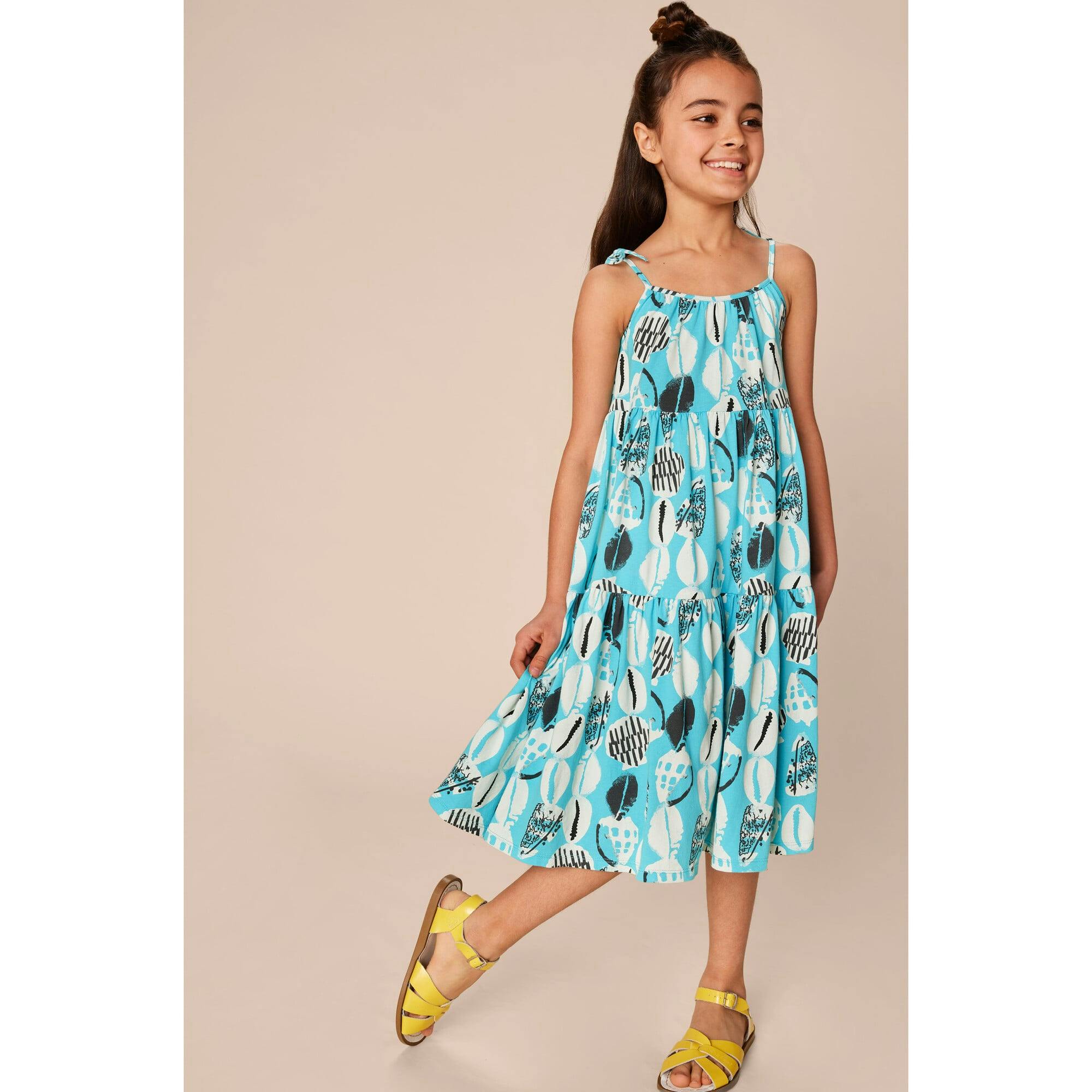 Tie Shoulder Tiered Dress, Blue