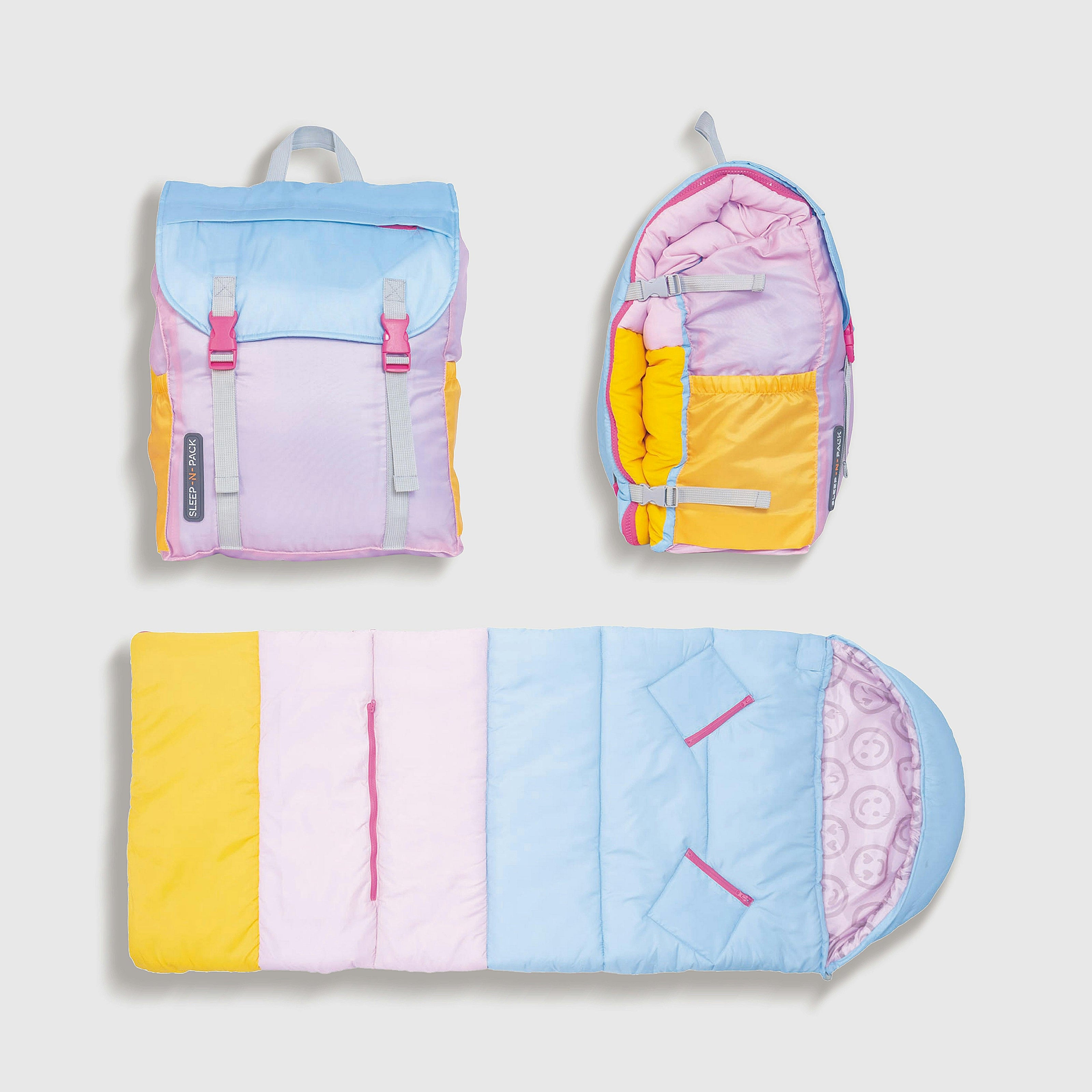 Sleep-N-Pack™ – Big Kid Size | Color Block Camp Collection: Pink Smile Face