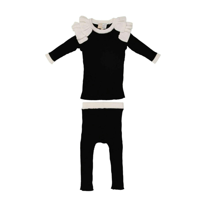 Contrast Trim & Shoulder Ruffle Top & Pant 2-Piece Set
