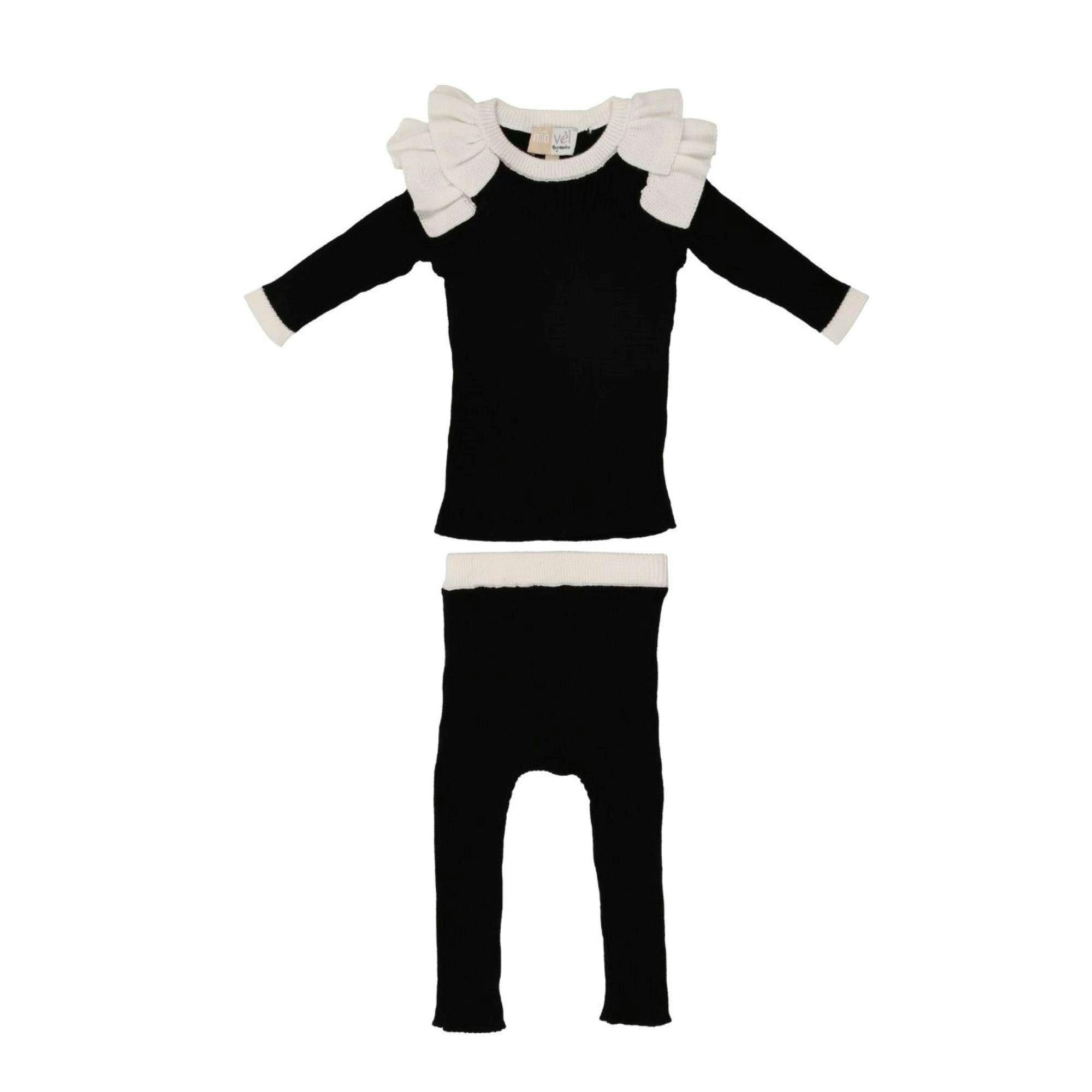 Contrast Trim & Shoulder Ruffle Top & Pant 2-Piece Set