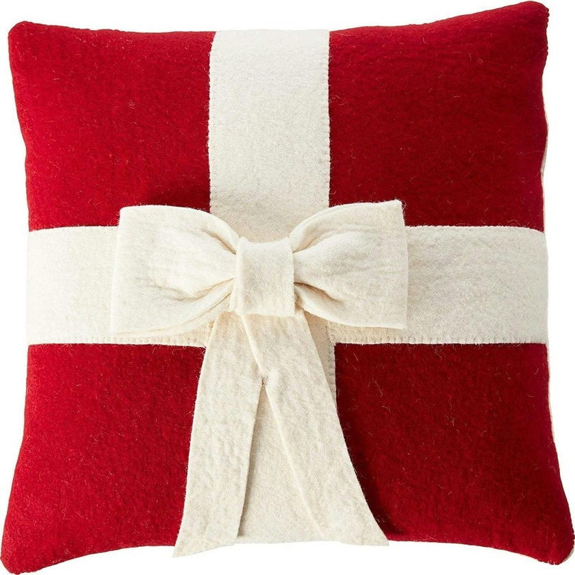 Cream Bow Red- Christmas Pillow Cover Hand Felted Wool - 20" / 14"
