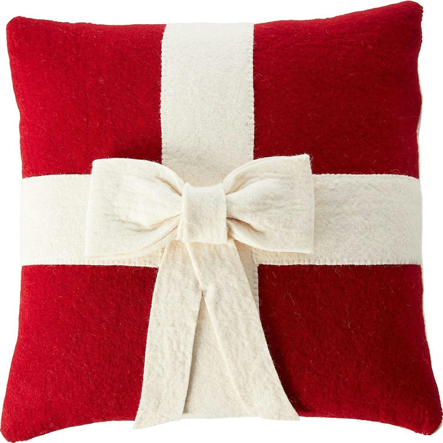 Cream Bow Red- Christmas Pillow Cover Hand Felted Wool - 20