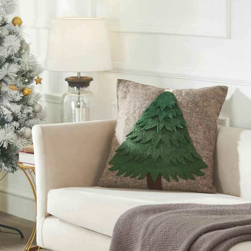 Handmade Christmas Pillow Hand Felted Wool - Green Tree Gray - 20" Arcadia Home