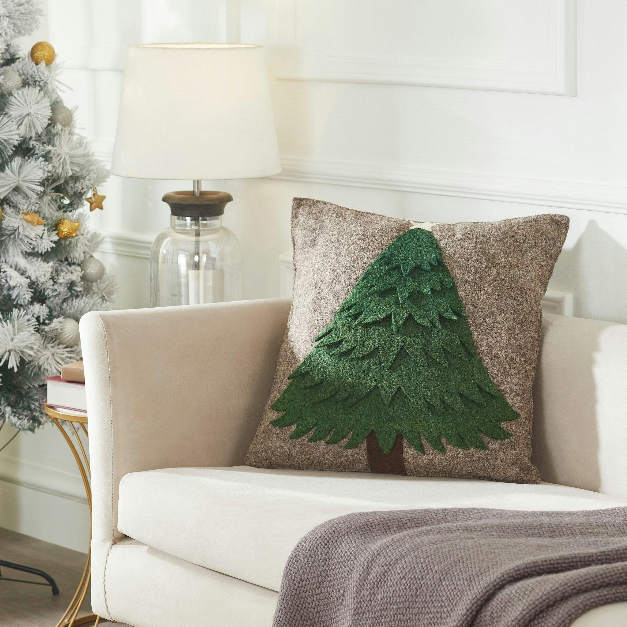 Handmade Christmas Pillow Hand Felted Wool - Green Tree Gray - 20