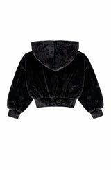 Velvet Zip Hoodie with Embroidered Hearts, Black
