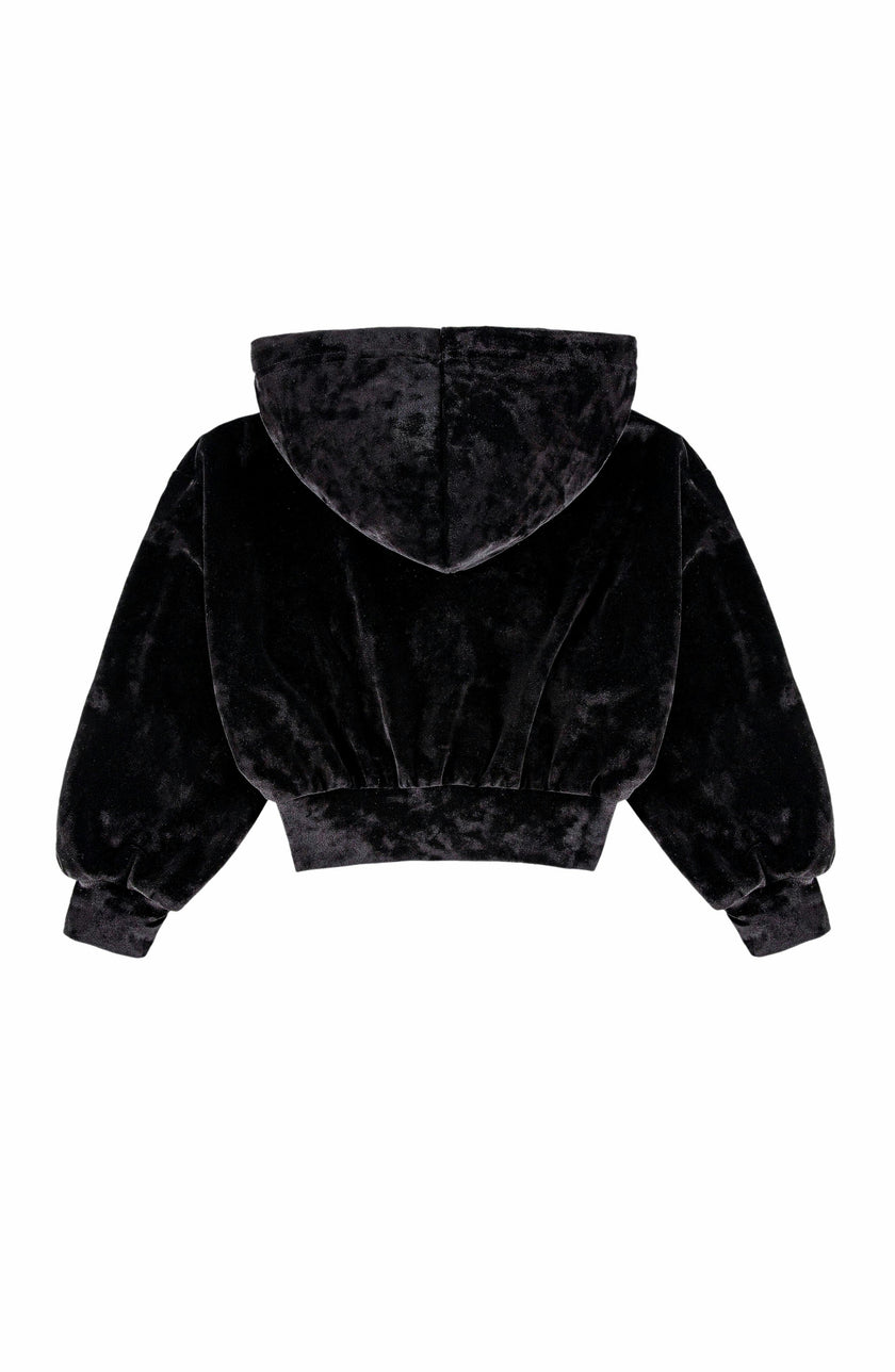 Velvet Zip Hoodie with Embroidered Hearts, Black