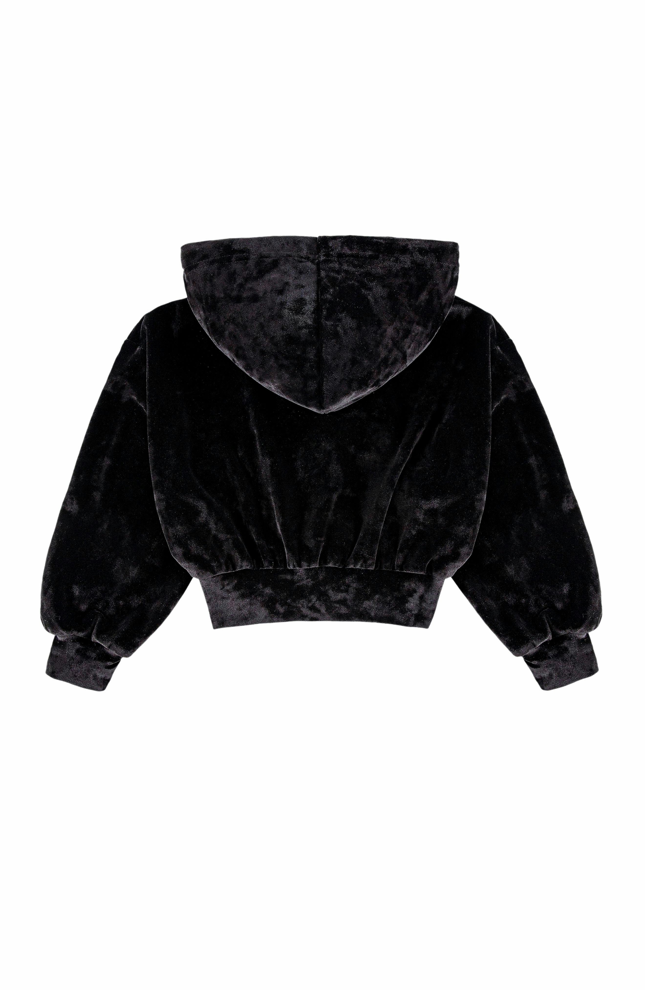 Velvet Zip Hoodie with Embroidered Hearts, Black