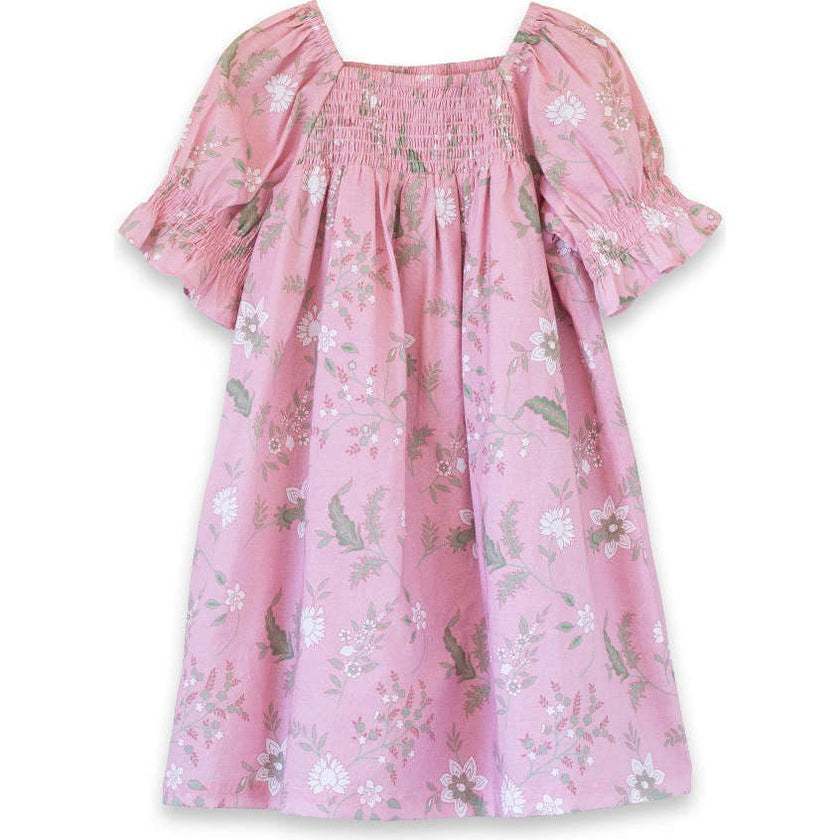 Girls Olivia Dress with Smocking | Pink and Green Fern