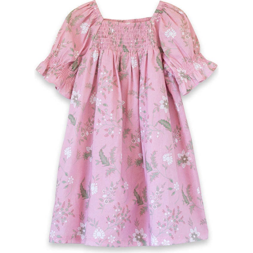Girls Olivia Dress with Smocking | Pink and Green Fern