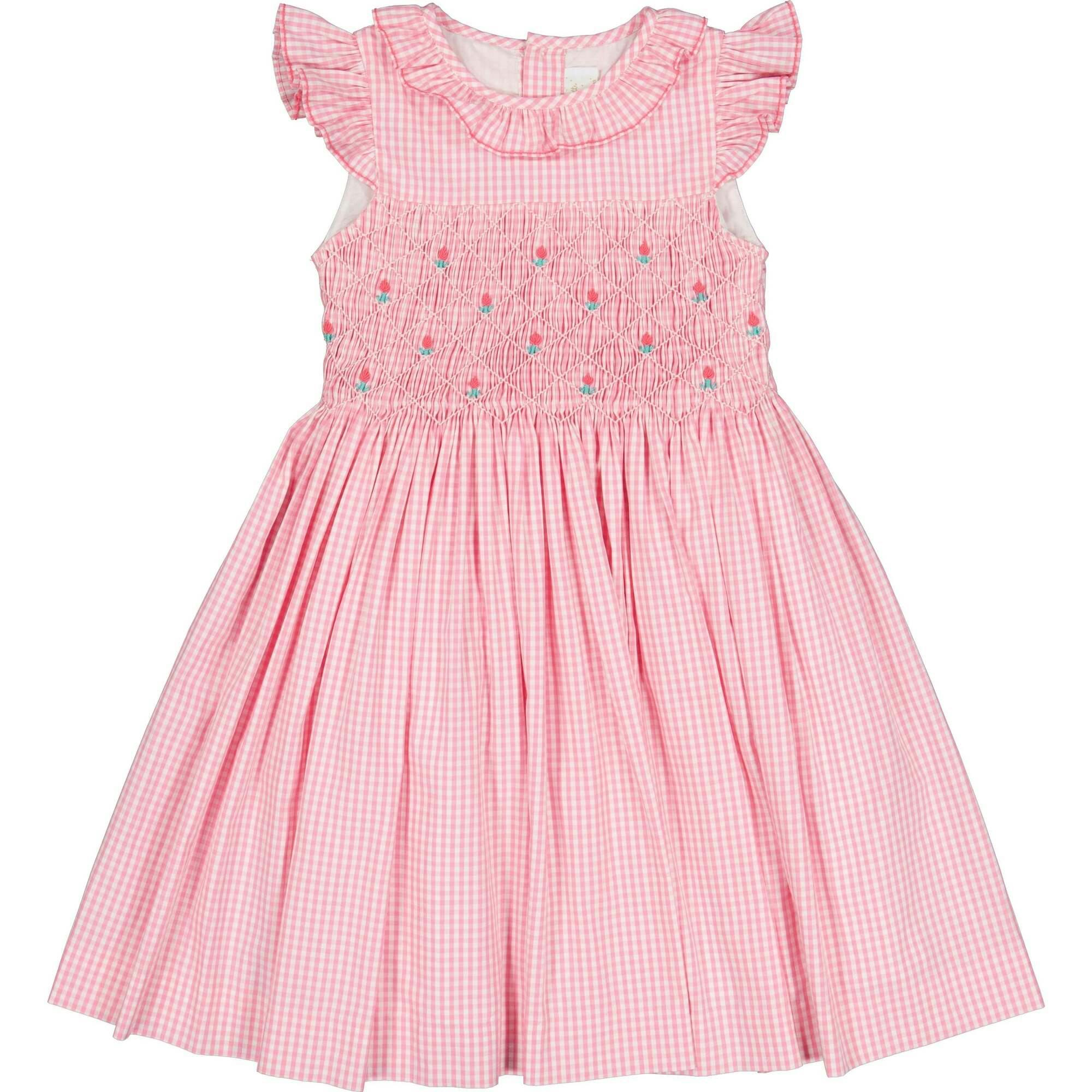 Tulip Pink Gingham Frilled Cap Sleeve Smocked Dress