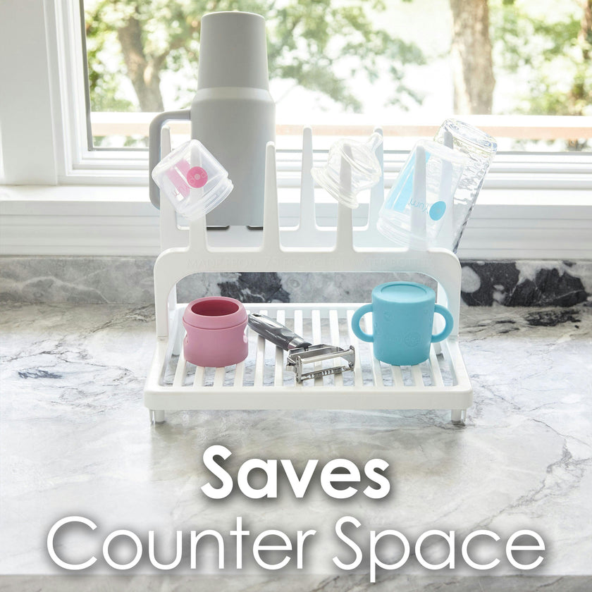 PopYum Glacier White Space Saving Drying Rack from 100% Recycled Bottles, countertop for Baby Bottles, Plastic Bags, Cups, Glass, tumblers, Compact