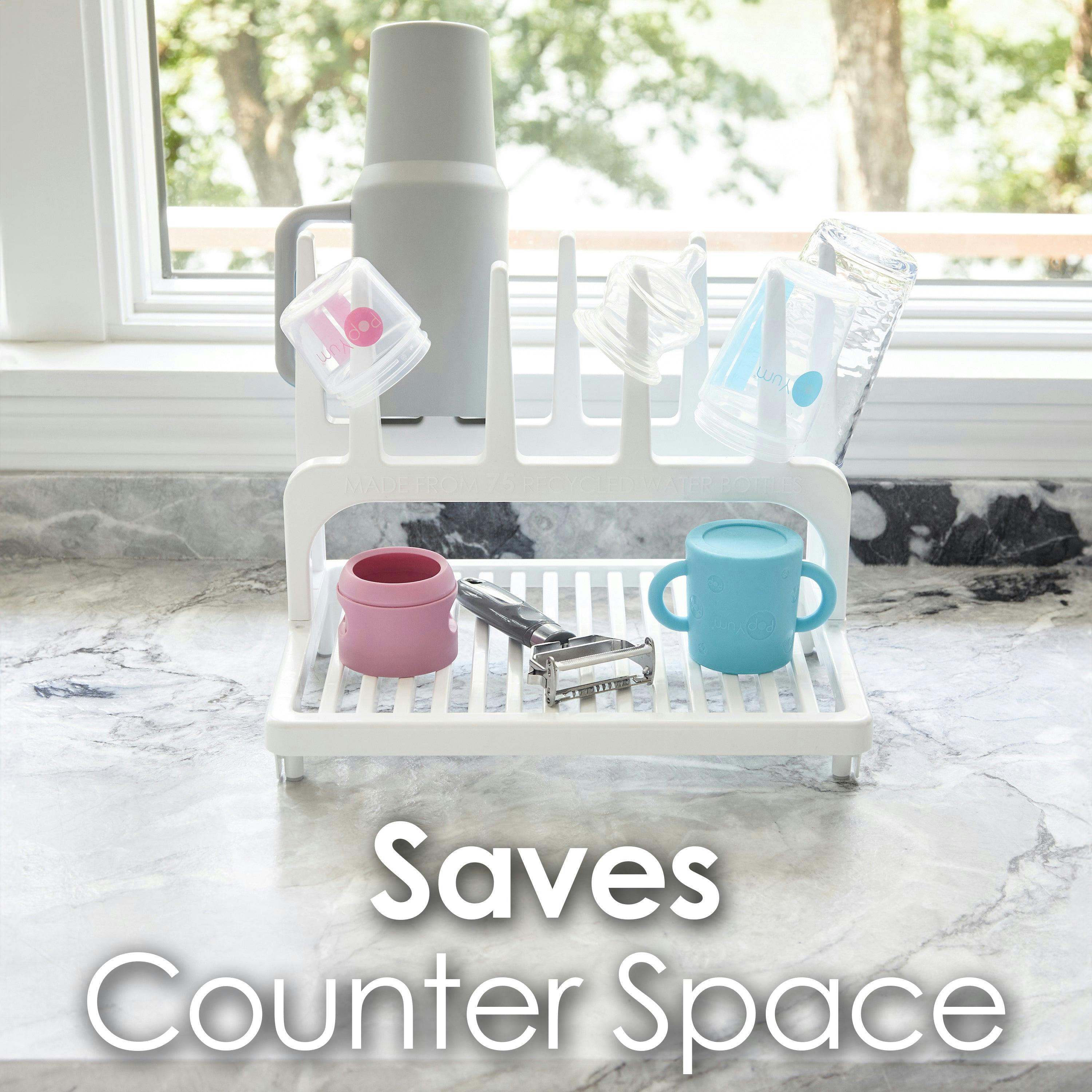 PopYum Glacier White Space Saving Drying Rack from 100% Recycled Bottles, countertop for Baby Bottles, Plastic Bags, Cups, Glass, tumblers, Compact