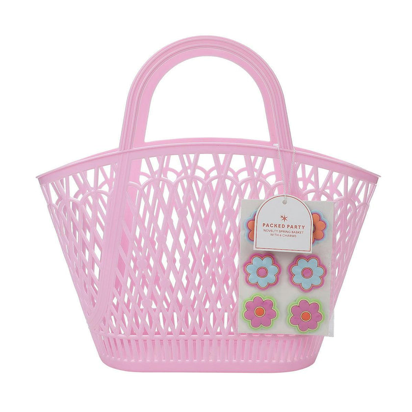 Packed Party Petal Party Pink Silicone Woven Basket with 6 Floral Twisty Charms - Lightweight Open Weave Carryall, 16x10.4 Inch with 15 Inch Handle