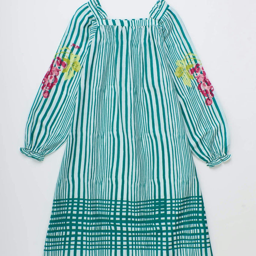 UVAS STRIPED DRESS WITH PUFFY SLEEVES GREEN