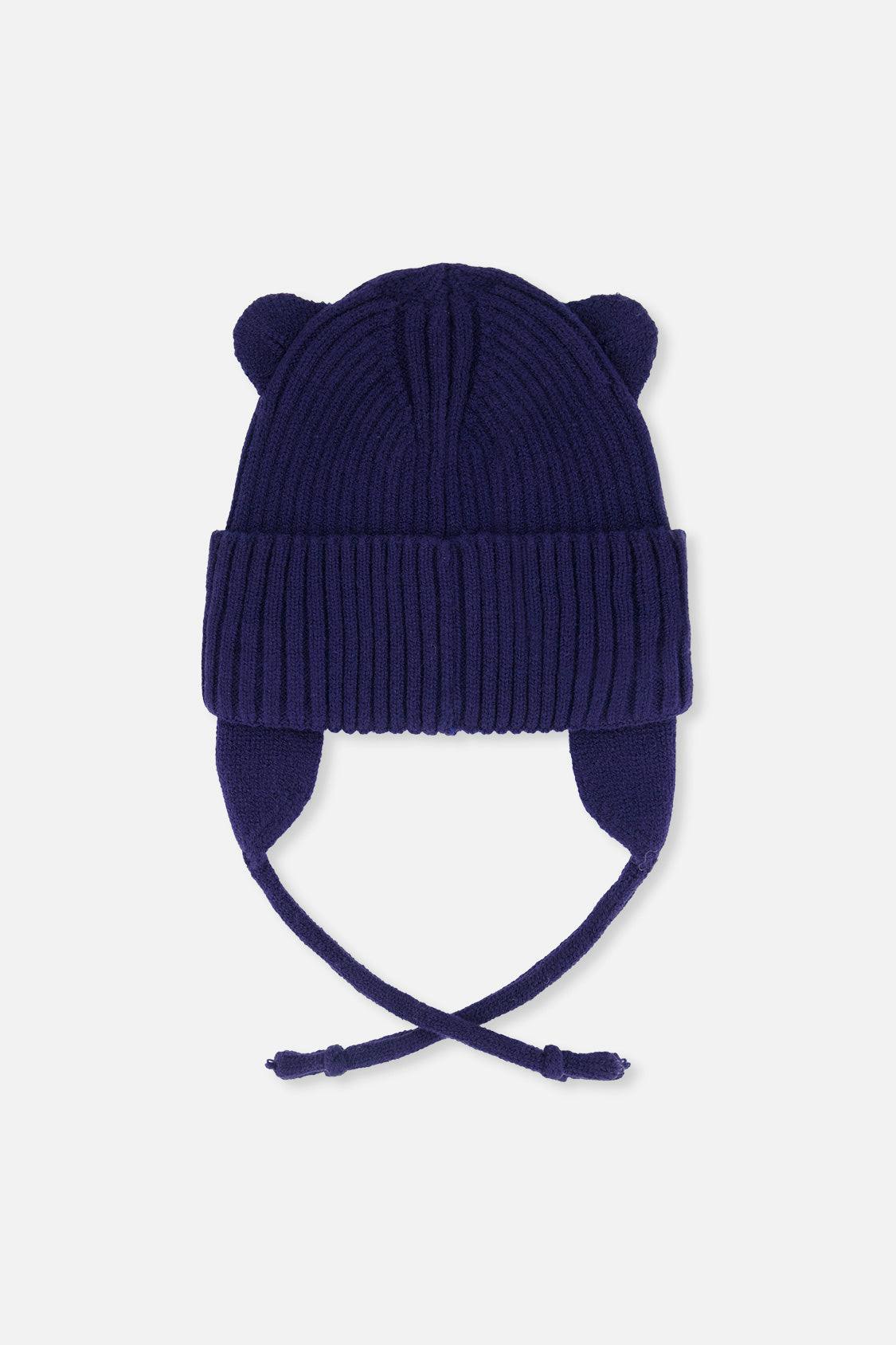 Baby Knit Hat With Strings Navy Blue