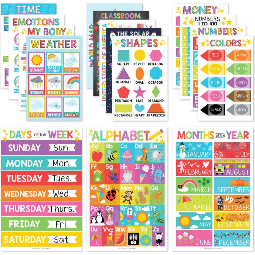 16-Piece Colorful Prek & Kindergarten Posters & 9-Piece Phonics & Vowels Posters