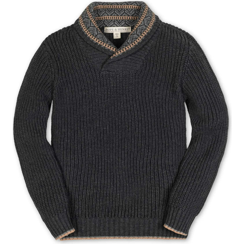 Organic Long Sleeve Shawl Collar Sweater with Intarsia Detail, Grey