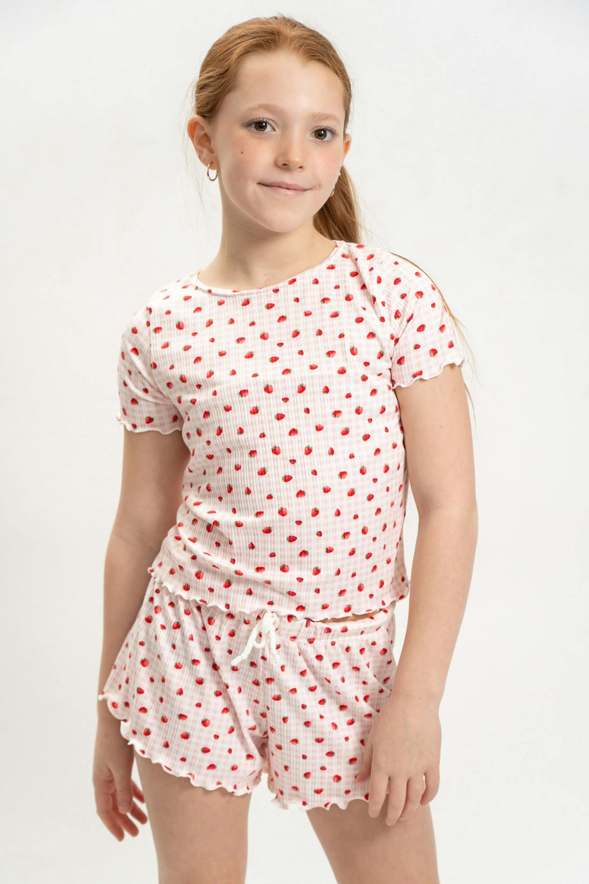 Girls Strawberry Print Short Sleeve Top and Shorts Set