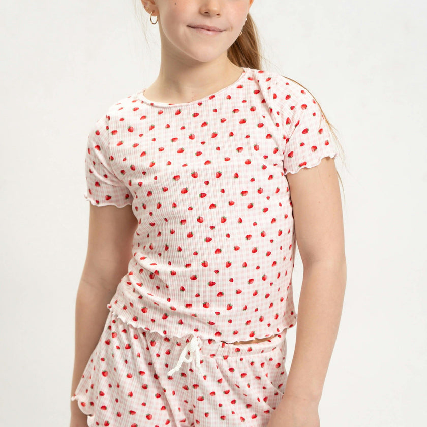 Girls Strawberry Print Short Sleeve Top and Shorts Set