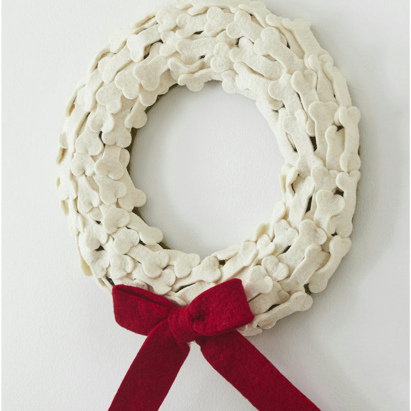 Dog Bones Red Bow Handmade Hand Felted Wool Wreath - 14"