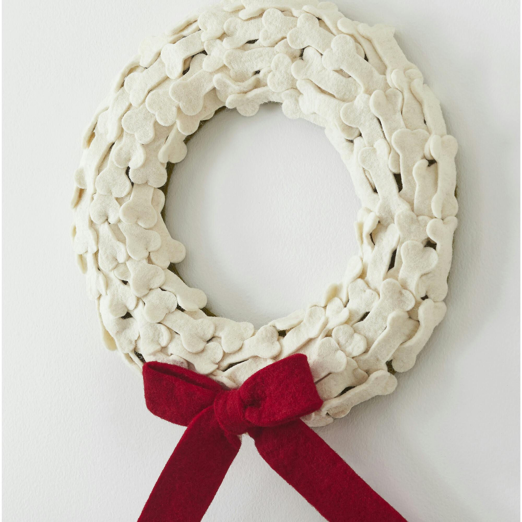 Bones with Red Bow Handmade Hand Felted Wool Wreath - 14