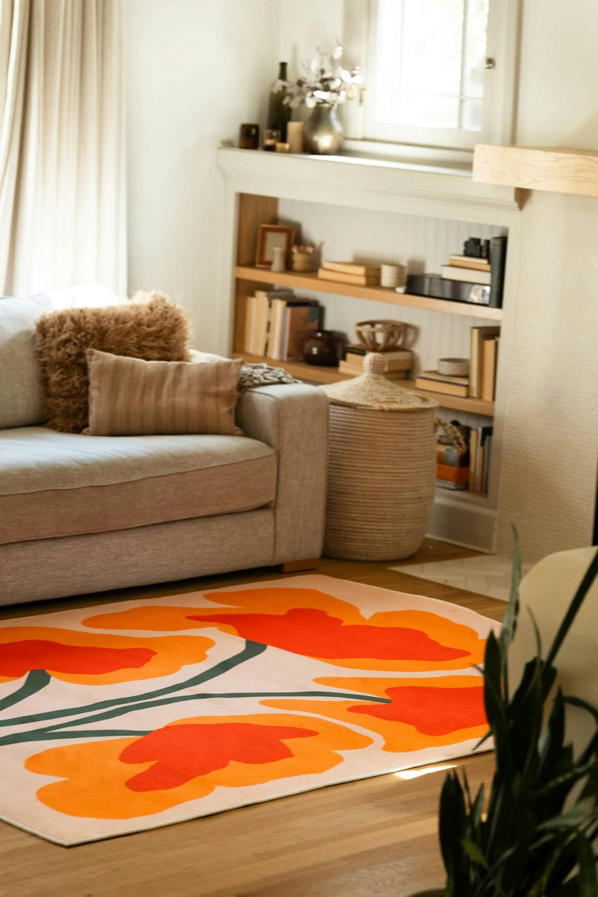 Orange Abstract Floral Sprig Rug by Sophie Deller