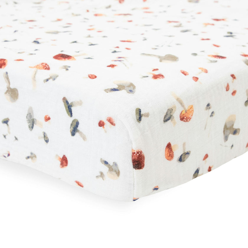 Cotton Muslin Crib Sheet - Mushrooms