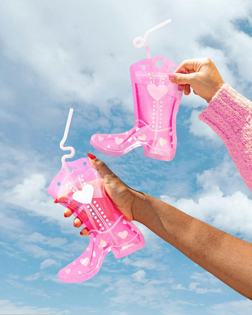 Packed Party Valentine Cowboy Boot Drink Pouches Set of 10 - Heart-Studded Boot-Shaped Reusable Drink Bags with Bendy Straws, 8 oz BPA-Free, 8x7 Inch