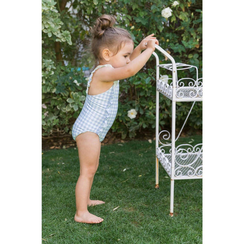 Girls Oasis Blue Gingham Ruffle One Piece