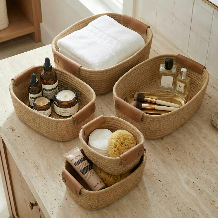Beautiful Storage Basket Set of 5 - Modern Cotton Rope Baskets for Organizing Shelves - Perfect Bins for Nursery, Changing Table, Office and Living Room
