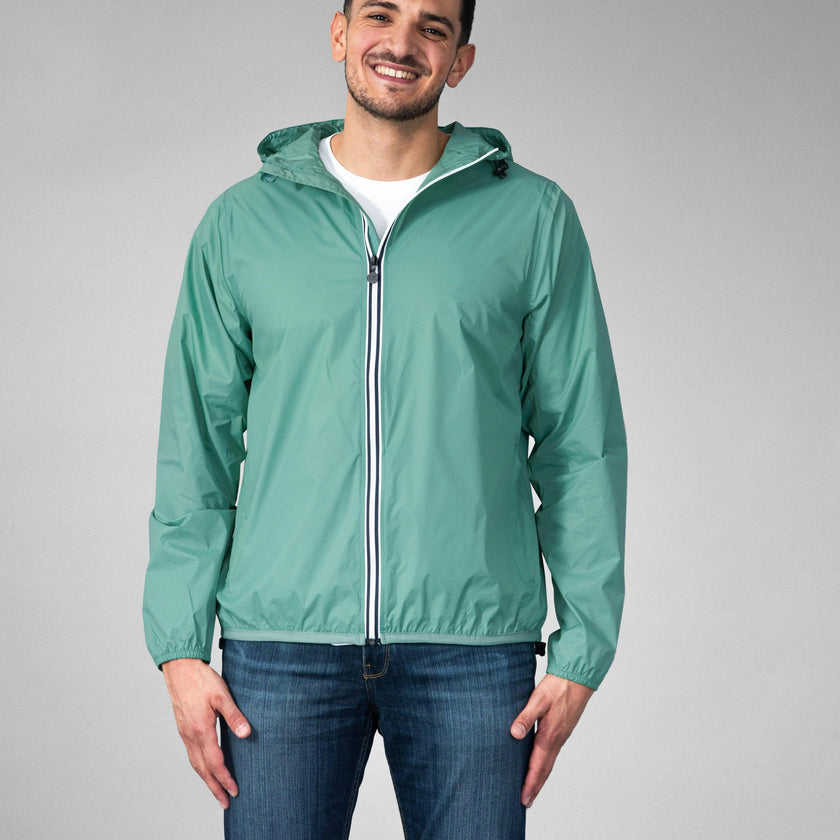 Moss green full zip packable Rain jacket and windbreaker