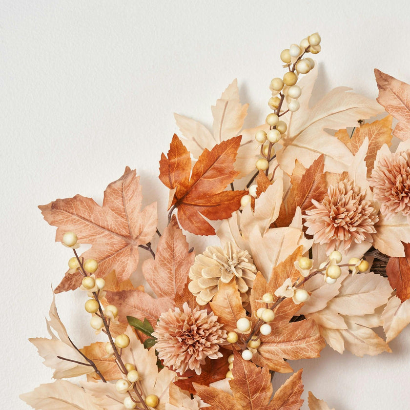Natural Elegance - Autumn Brown Cream Maple Leaf & Berry with Mini Cafe Au Lait Mums Fall Front Door Wreath