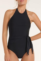Genevieve High Halter Neck Sash Tie One-Piece Swimsuit
