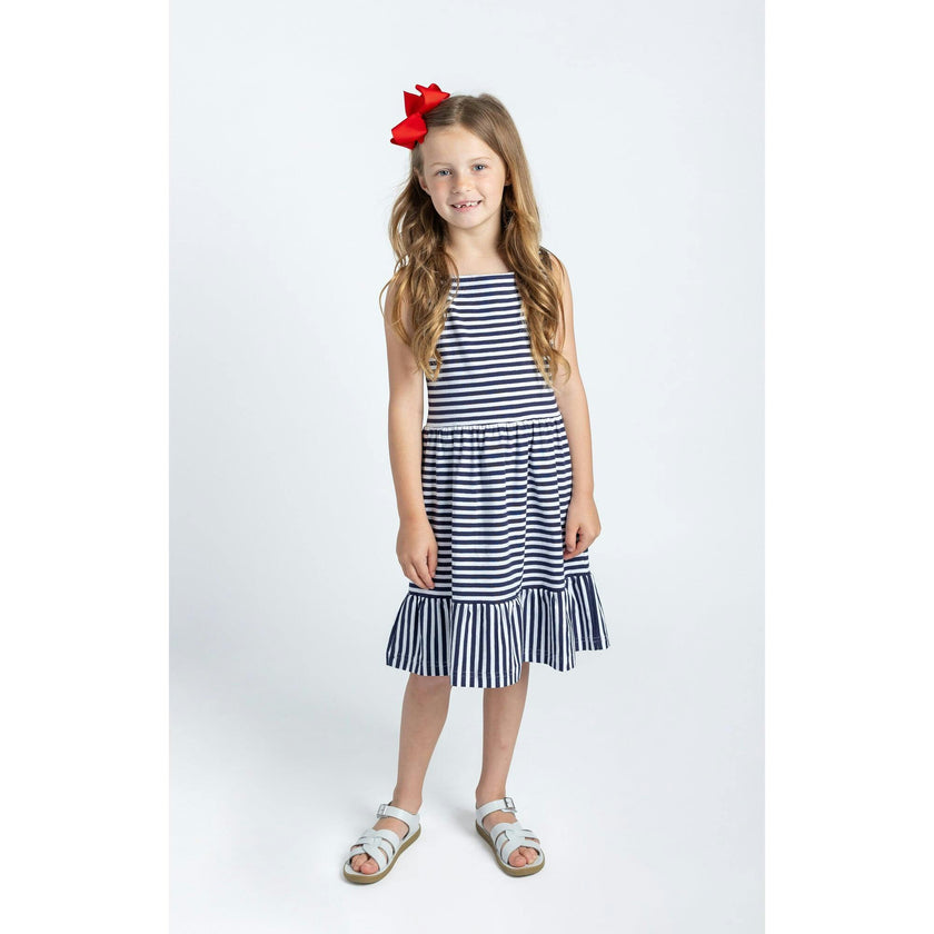 Navy Stripe Knit Dress With Shirred Skirt