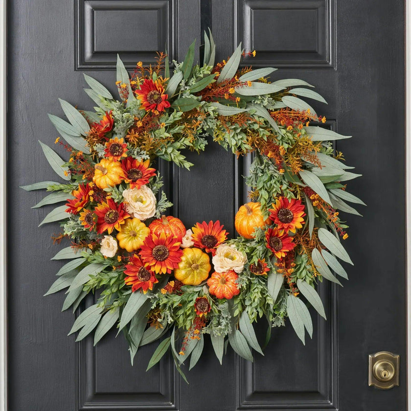 Mixed Autumn Pumpkin, Burnt Orange Sunflowers, Cream Ranunculus & Needle Leaf Eucalyptus Front Door Fall Wreath
