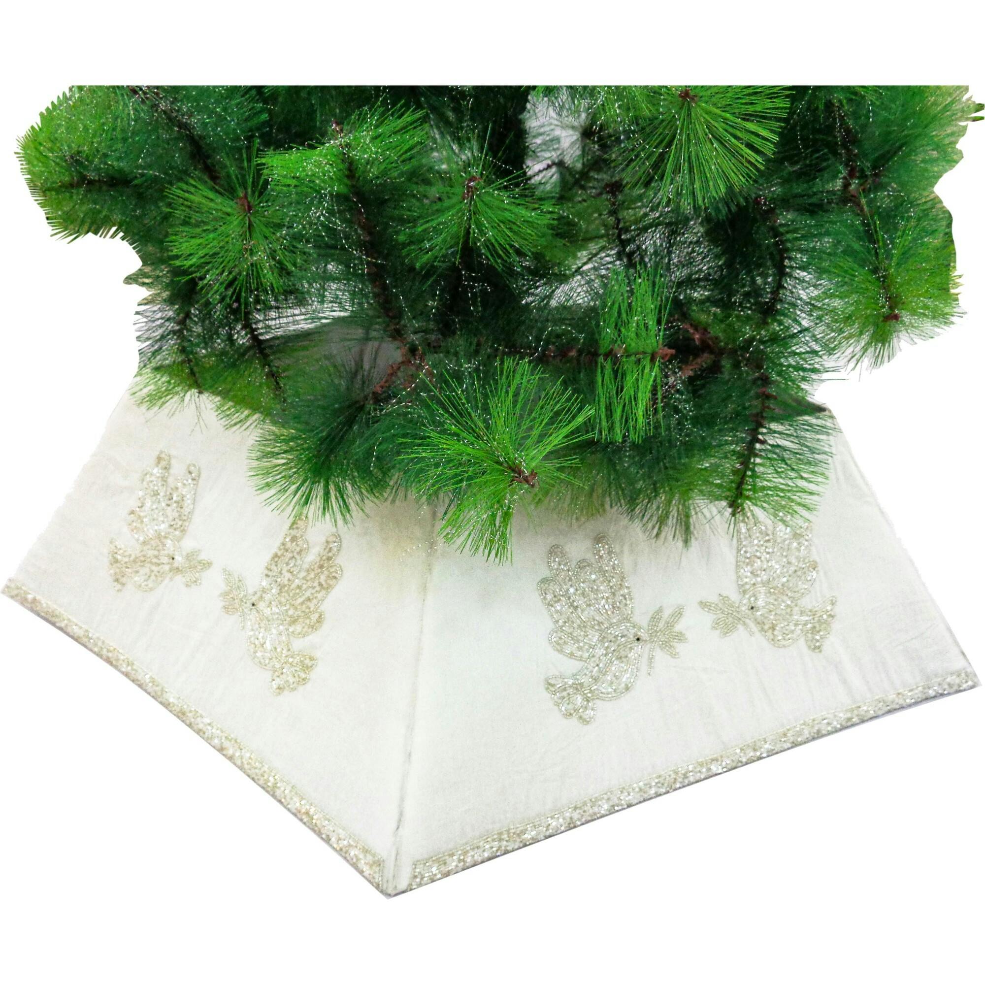 Hand Beaded Adjustable Christmas Tree Collar - Doves on White Silk