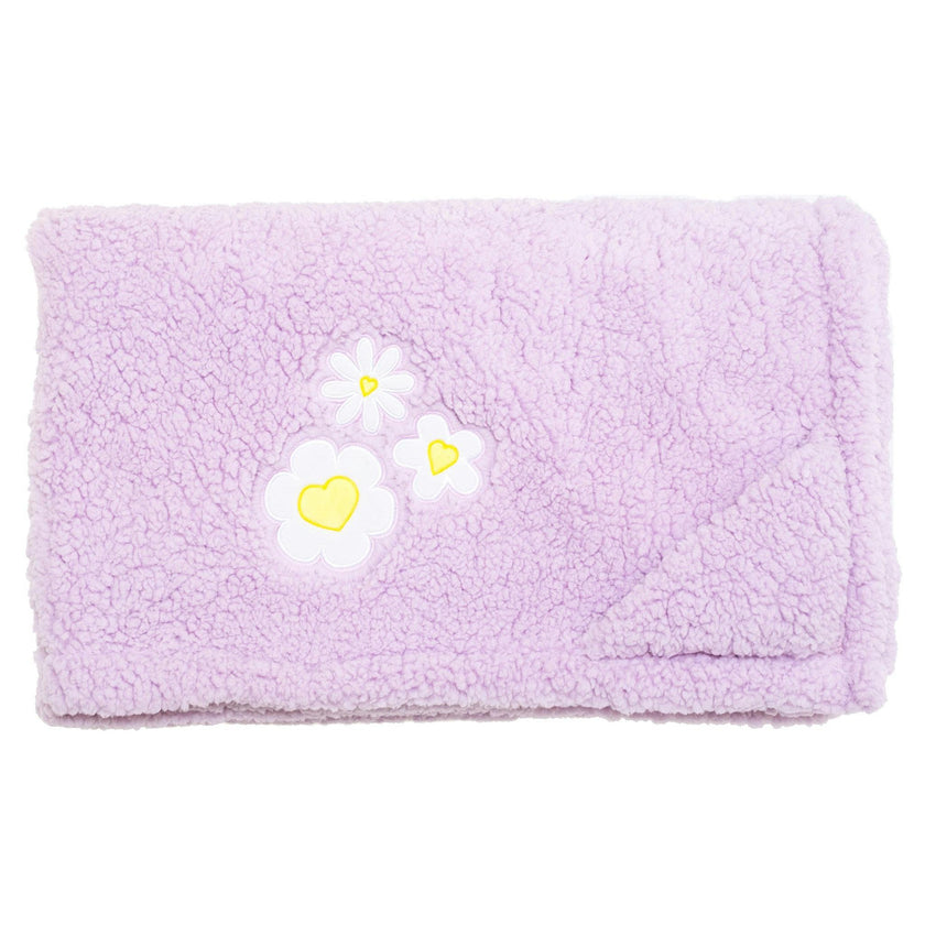 Cozy Switch Blanket – Reversible Sherpa & Mink Fleece Blanket with Embroidered Appliqué, Happy Daisy Stripes