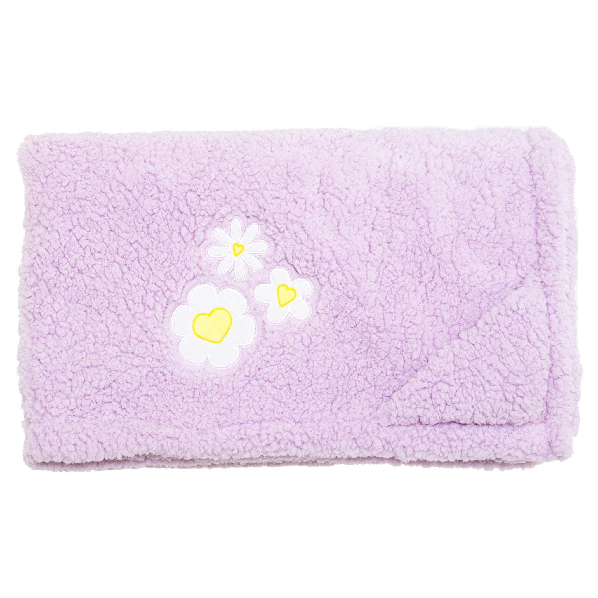 Cozy Switch Blanket – Reversible Sherpa & Mink Fleece Blanket with Embroidered Appliqué, Happy Daisy Stripes