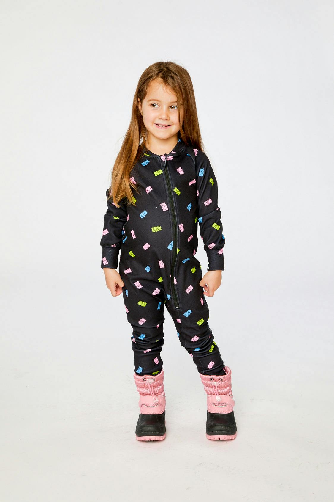 One Piece Thermal Underwear Black Printed Gummy Bears