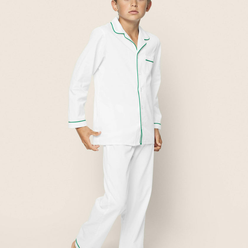 Kid's Twill Pajama Set in White with Green Piping