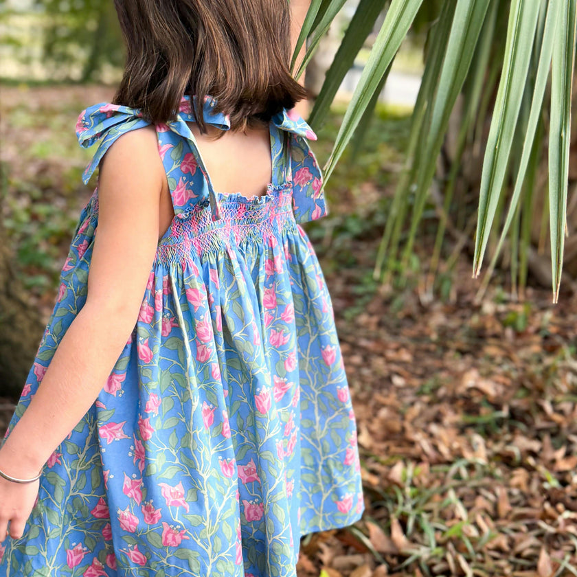 Loblolly Dress in Blue with Pink Bougainvillea