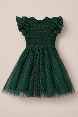 Mini Hattie Dress in Green Flocked Dot Tulle
