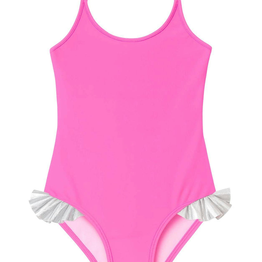 Neon Pink Swimsuit with Silver Hips Ruffles