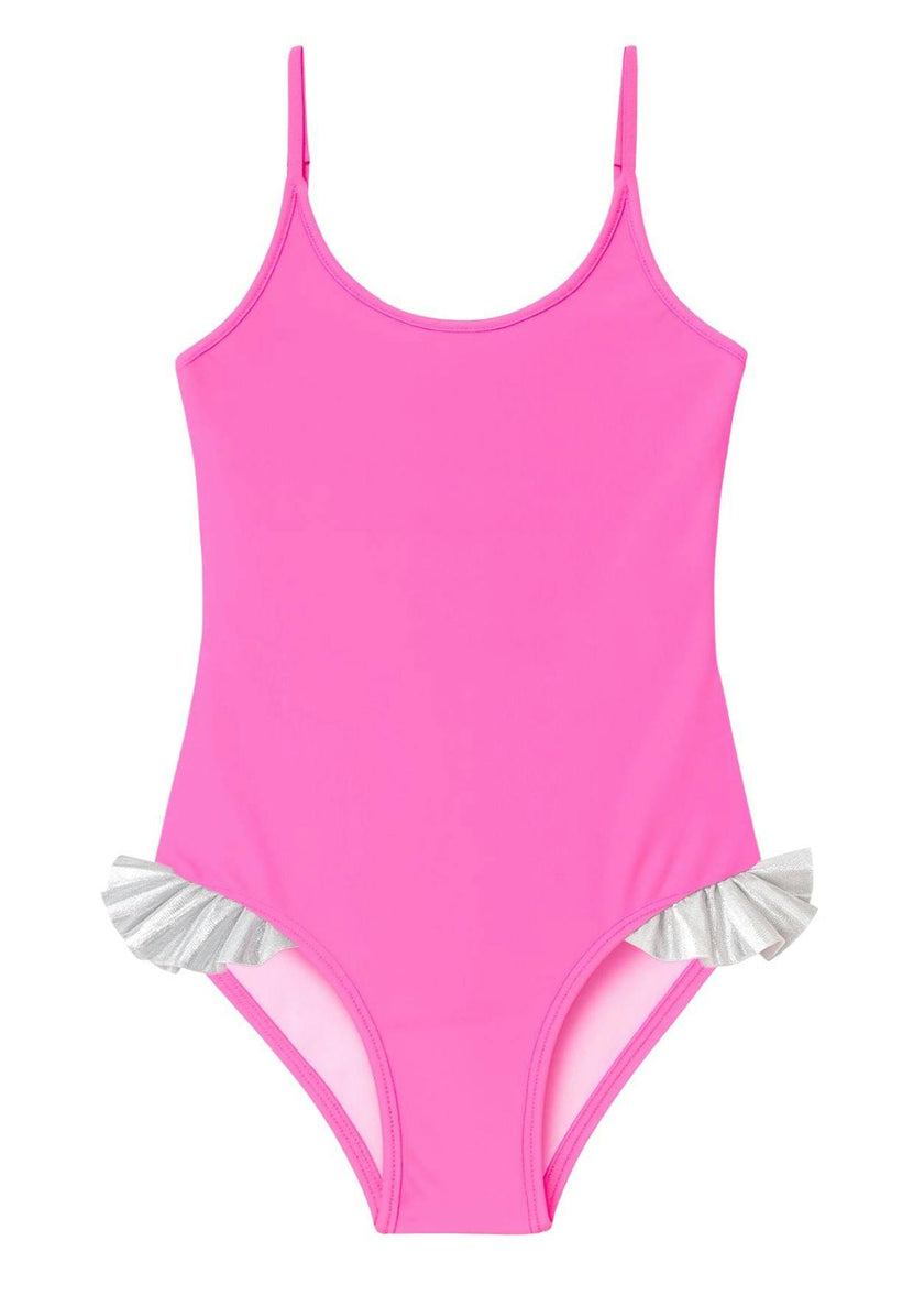 Neon Pink Swimsuit with Silver Hips Ruffles