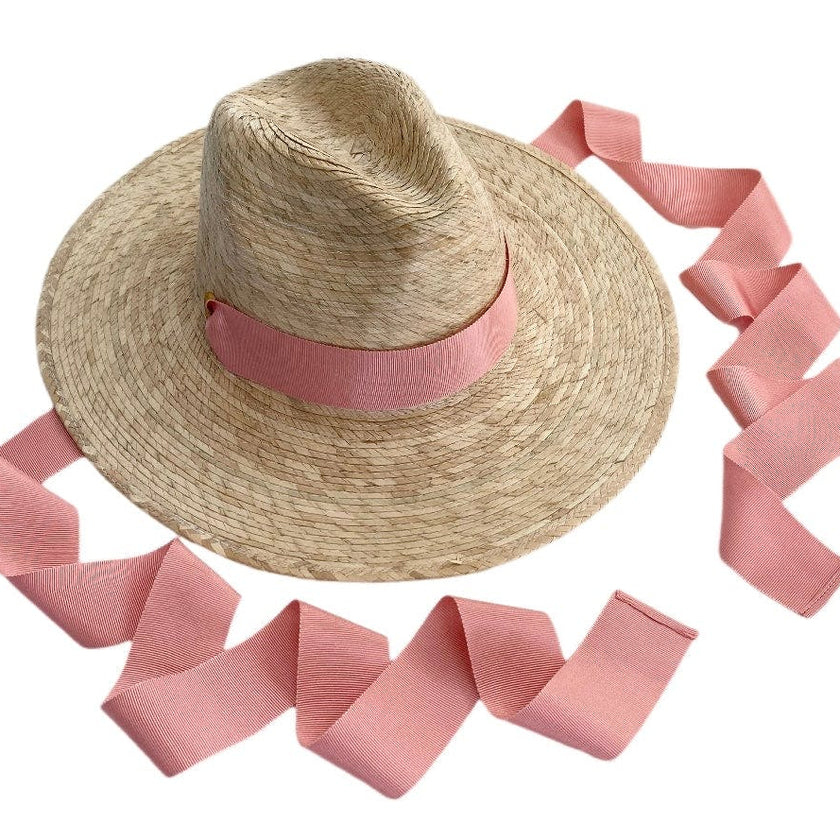 Zinnia Sun Hat for Little Girls (Age 4-10) - Coral Grosgrain Ribbon