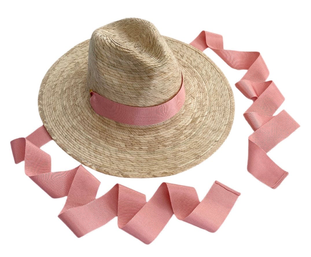 Zinnia Sun Hat for Little Girls (Age 4-10) - Coral Grosgrain Ribbon