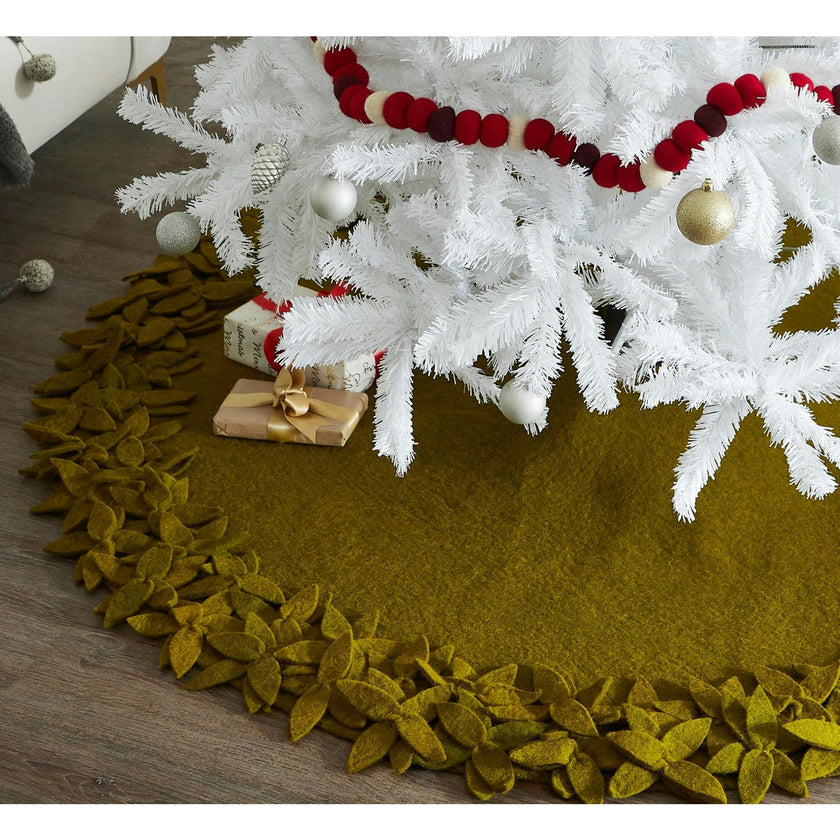 Hand Felted Wool Overlapping Flowers Border Chartreuse XL Christmas Tree Skirt 64"